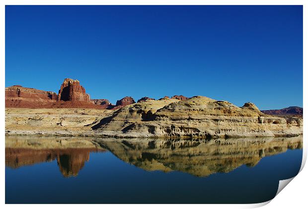 Red and white rock reflection in Colorado River Print by Claudio Del Luongo