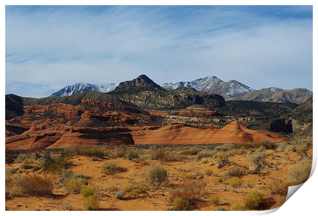 Orange sand, red rocks and Henry Mountains, Utah Print by Claudio Del Luongo