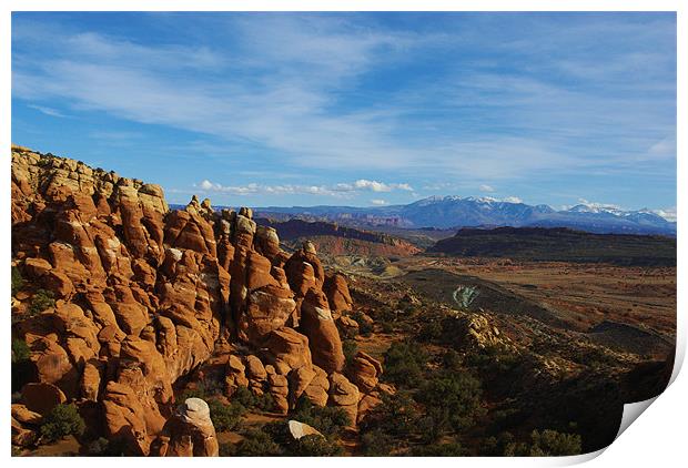 Rock towers and Manti La Sal Mountains, Utah Print by Claudio Del Luongo