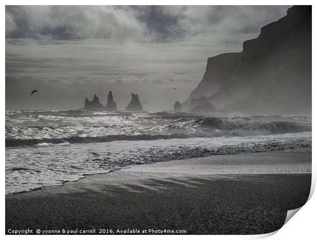 Sea stacks, Black sand beach, Vik, South Iceland Print by yvonne & paul carroll