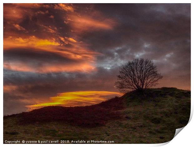 Dramatic sunset - tree on a hill Print by yvonne & paul carroll