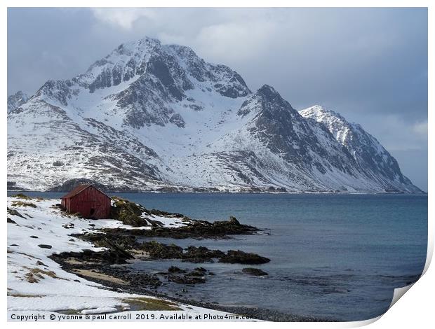 Fisherman's cabin in the snow on the fjord Lofoten Print by yvonne & paul carroll