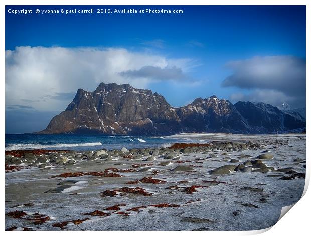 Lofoten winters - jagged cliffs, snow on the beach Print by yvonne & paul carroll