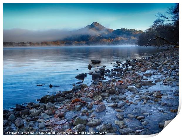 Conic Hill from Inch Cailloch, mist over water Print by yvonne & paul carroll