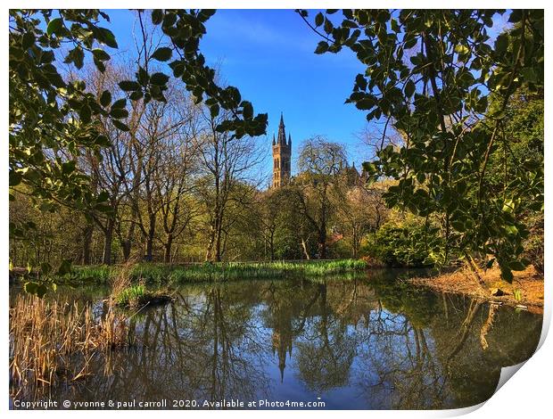 Iconic Glasgow University reflected in the pond in Print by yvonne & paul carroll