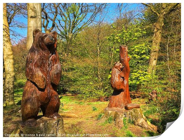 Wood carvings in Cairnhill Woods, Glasgow Print by yvonne & paul carroll