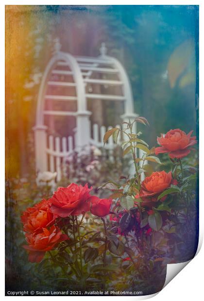 Garden scene with roses Print by Susan Leonard