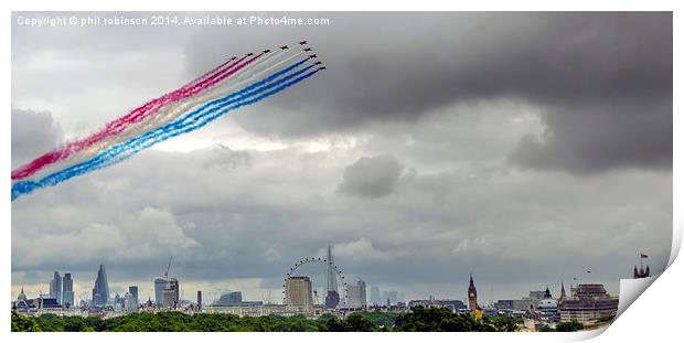 Red Arrows flying over Buckingham Palace Print by Phil Robinson