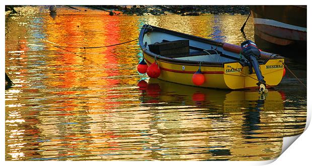 Yellow Boat and Reflections Mousehole. Print by Dave Bell