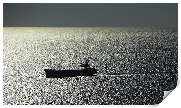 Black Cargo Boat On Silver Sea Print by Dave Bell