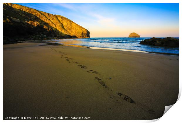 Foot prints in the sand at Trebarwith Strand Print by Dave Bell