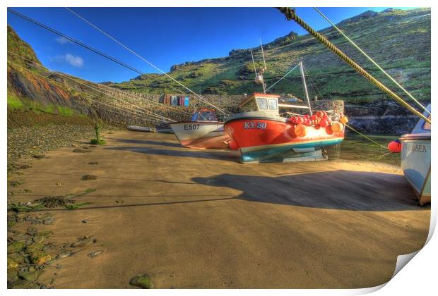 Boscastle Fishing Boats sat on the sand at Low tid Print by Dave Bell