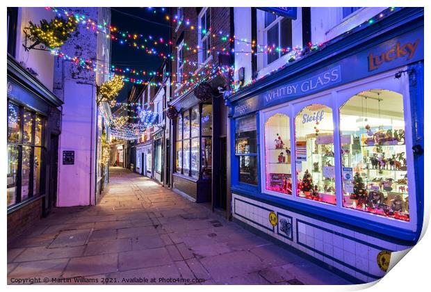 Christmas Lights in Sandgate street, Whitby, North Yorkshire Print by Martin Williams