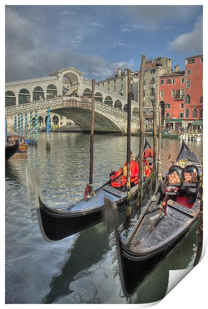 Venice Gondalos at Rialto Bridge Print by Martin Williams