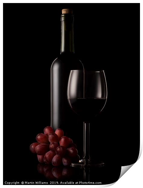 Wine bottle, glass and grapes Print by Martin Williams