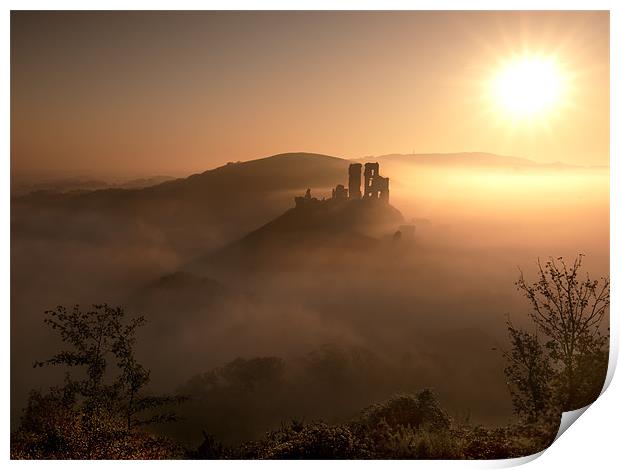 Misty Sunrise at Corfe Castle Print by Andrew Bannister