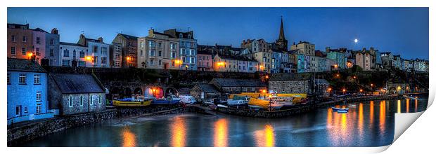 Tenby Harbour Moonlit Panoramic Print by Simon West