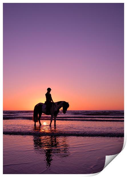 Horse rider at sunset Print by nick woodrow