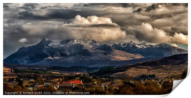 The dramatic Black Cuillin Hills beyond Portree. Print by Richard Smith
