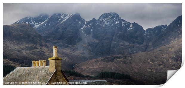 The roof and chimneys of the Torrin Outdoor Centre set against Blaven, brightened.  Print by Richard Smith