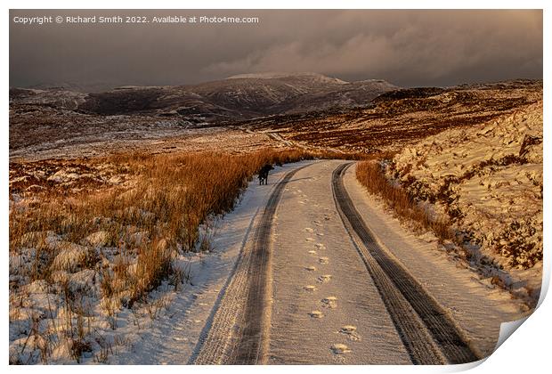 A view northwards back along the Glenmore road in winter. Print by Richard Smith