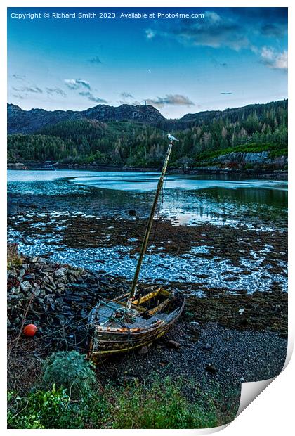 Abandoned wooden dinghy in Loch Carron at Plockton Print by Richard Smith