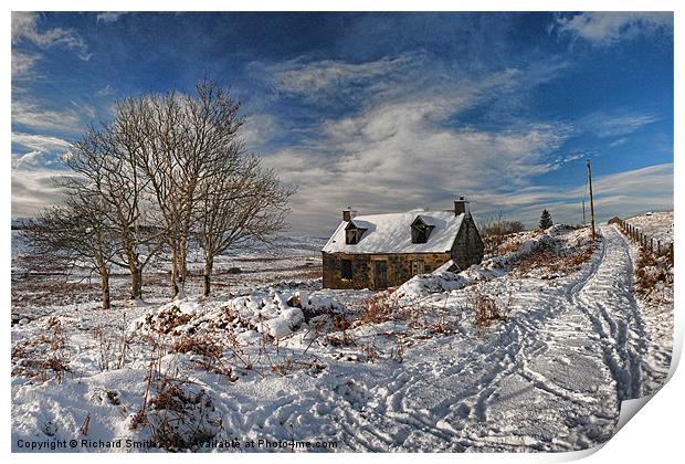 Derelict cottage in the snow Print by Richard Smith