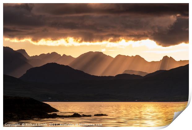 Evening crepuscular rays over the Cuillin Hills. Print by Richard Smith
