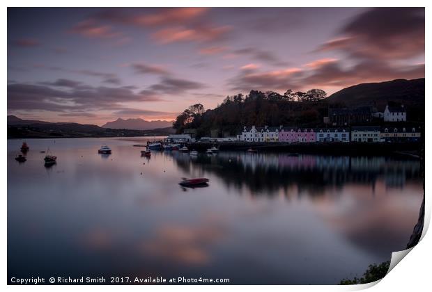 The Cuillin and Portree Pier across loch Portree. Print by Richard Smith