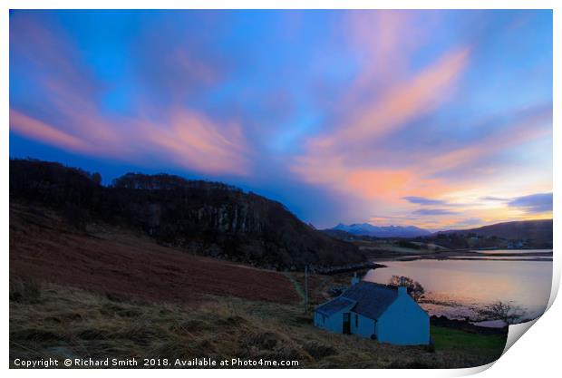Sunset colour over a remote cottage Print by Richard Smith