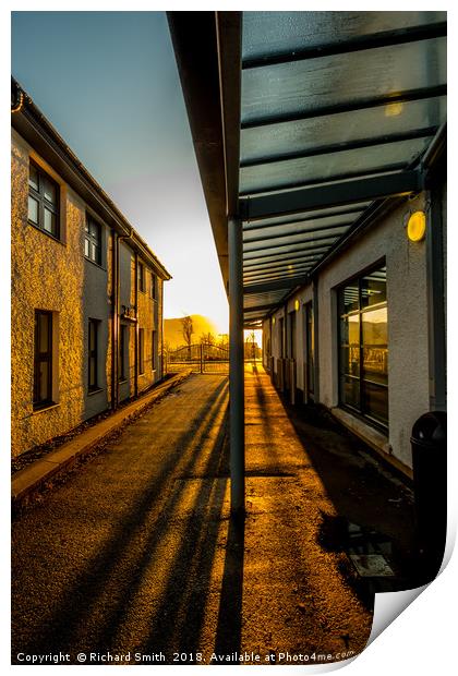 Early morning sunlight streams down a passage way. Print by Richard Smith