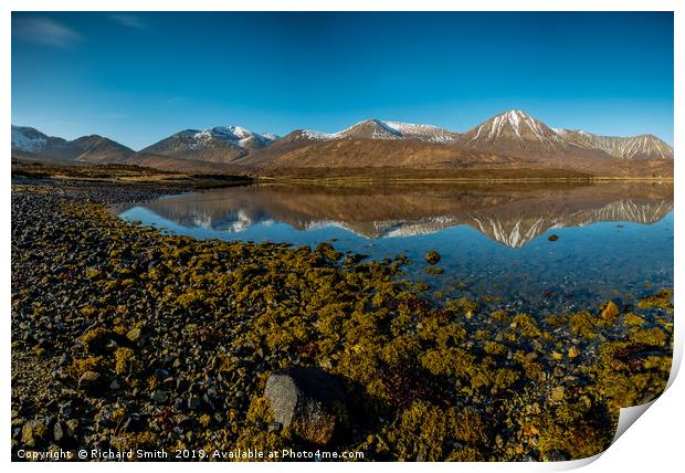 Snow capped Red Cuillin hills reflected. Print by Richard Smith