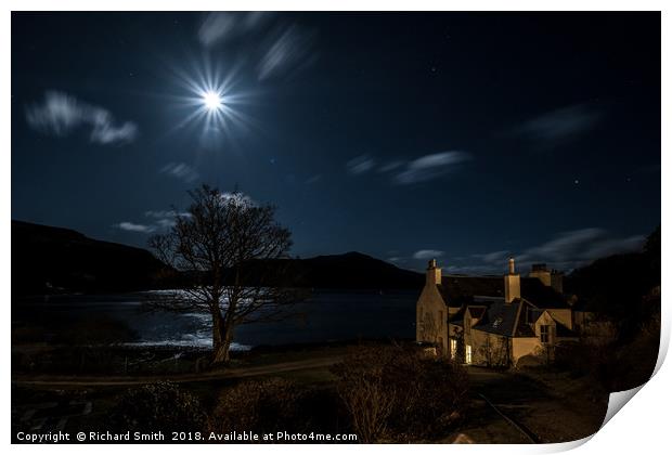 The moon over Loch Portree from a shore side house Print by Richard Smith