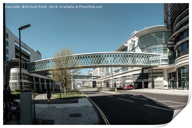 A footbridge link between buildings. Print by Richard Smith