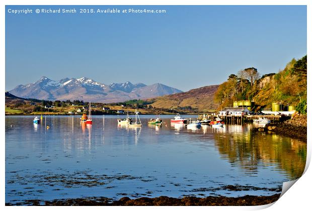 Portree sea loch with yachts and the Cuillin hills Print by Richard Smith