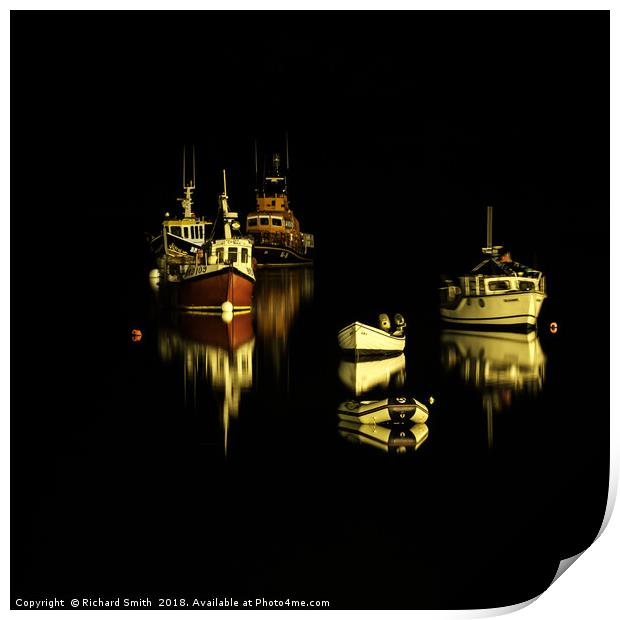 A small group of boats moored on Loch Portree Print by Richard Smith