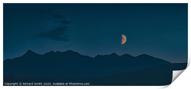 A half moon over the Cuillin Hills. Print by Richard Smith