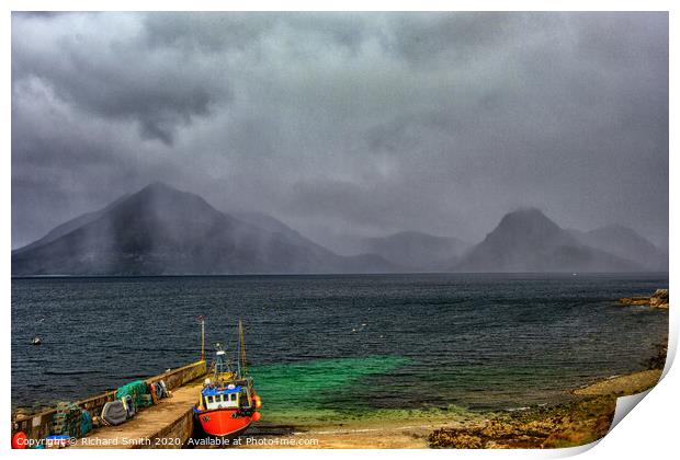 A shower of rain crosses the Black Cuillin Range viewed from Elgol pier. Print by Richard Smith