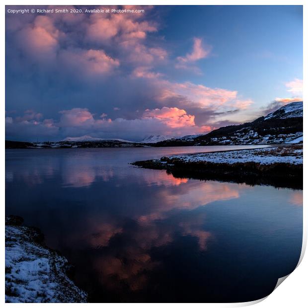 Reflected sunset colour  bounces off cloud and loch. Print by Richard Smith
