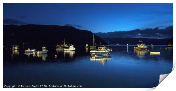 Vessels at peace on moorings in Loch Portree during the blue hour. Print by Richard Smith