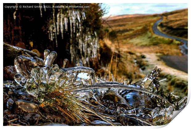 Iced grass and icicles beside the Struan hill road. Print by Richard Smith