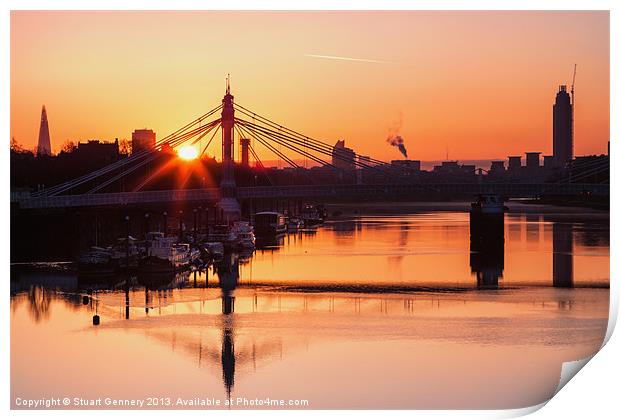 Sun rising over the Albert Bridge Print by Stuart Gennery