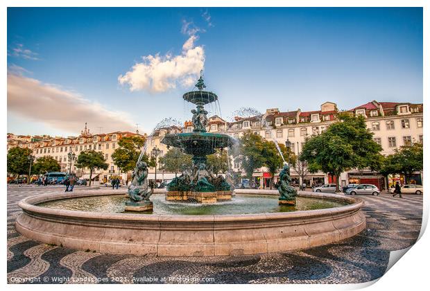 Fountain Rossio Square Lisbon Portugal. Print by Wight Landscapes