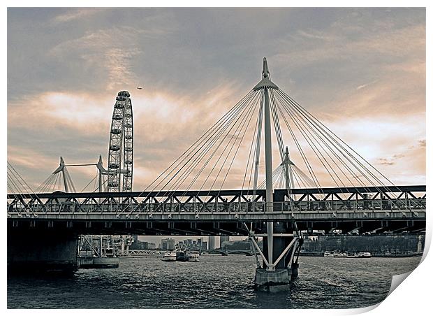 London Hungerford bridge, sepia-grey Print by Jutta Klassen