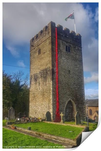 Llangyfelach Church and cascading poppies Print by HELEN PARKER