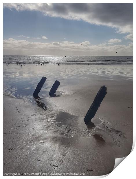 Old pipe supports on Jersey Marine Beach Print by HELEN PARKER