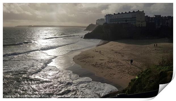 Tenby Beach at full tide Print by HELEN PARKER