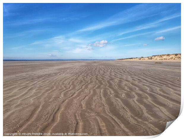 Flowing sands of Cefn Sidan Beach, South Wales Print by HELEN PARKER