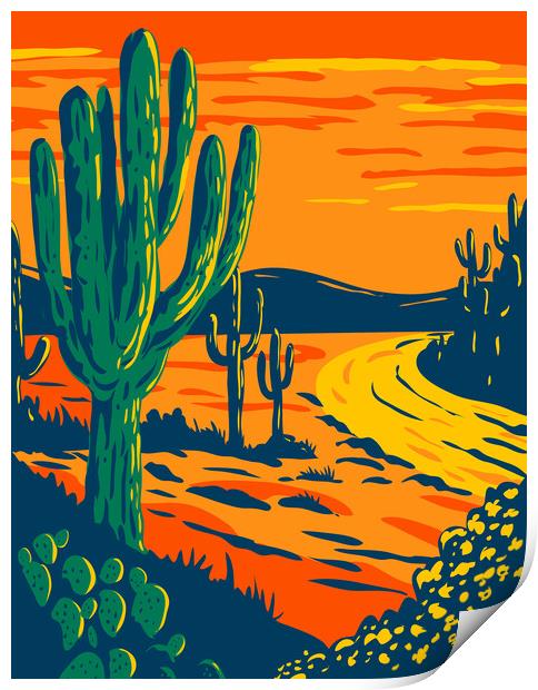Saguaro Cactus at Dusk in Saguaro National Park in Tucson Arizona National Park California WPA Poster Art Print by Aloysius Patrimonio