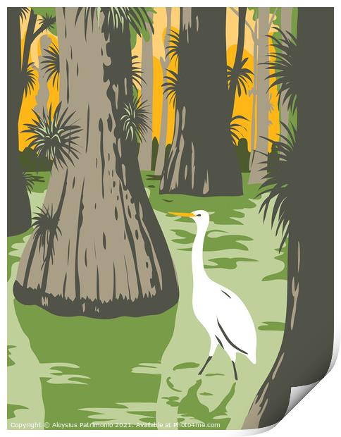 Everglades National Park with Egret in Mangrove and Cypress Trees WPA Poster Art  Print by Aloysius Patrimonio
